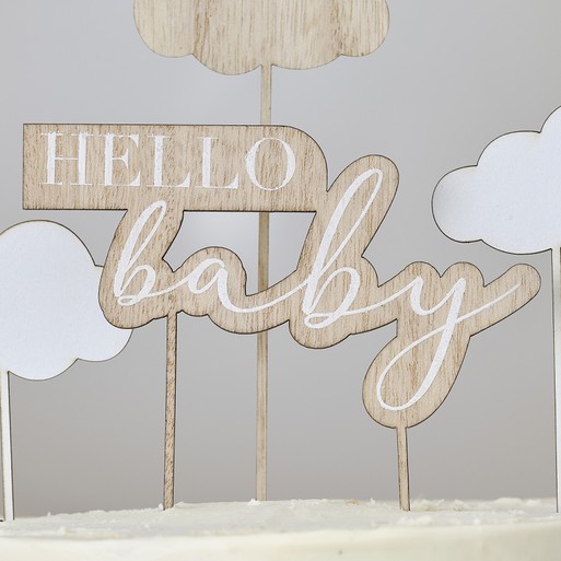 Wooden Hello Baby and Clouds Baby Shower Cake Topper